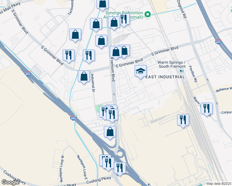 map of restaurants, bars, coffee shops, grocery stores, and more near in Fremont