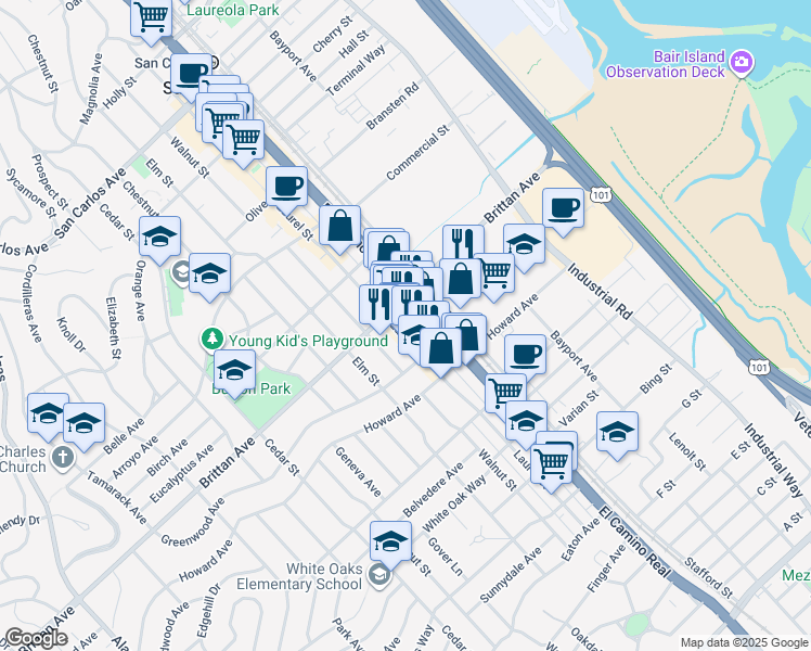 map of restaurants, bars, coffee shops, grocery stores, and more near 1109 Laurel Street in San Carlos
