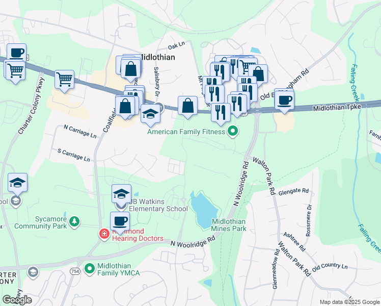 map of restaurants, bars, coffee shops, grocery stores, and more near 13471 Midlothian Turnpike in Midlothian