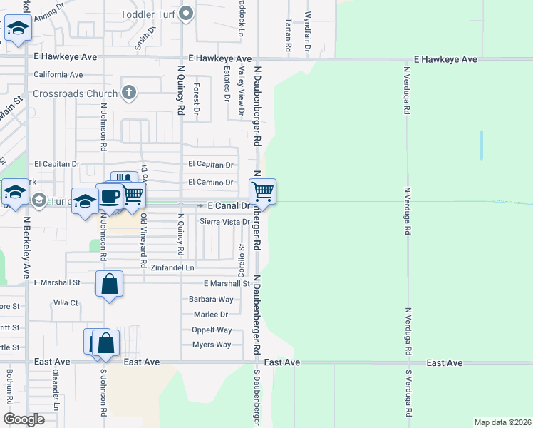 map of restaurants, bars, coffee shops, grocery stores, and more near 716 North Daubenberger Road in Turlock