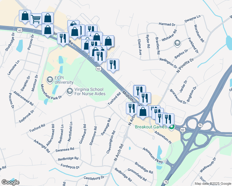 map of restaurants, bars, coffee shops, grocery stores, and more near 9410 Tuxford Road in Richmond
