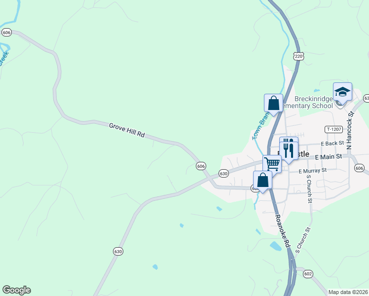 map of restaurants, bars, coffee shops, grocery stores, and more near 189 Grove Hill Road in Fincastle
