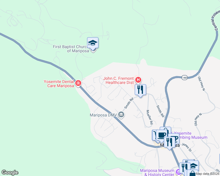map of restaurants, bars, coffee shops, grocery stores, and more near 5301 Farfalla Circle in Mariposa
