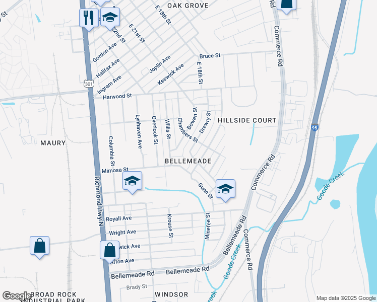 map of restaurants, bars, coffee shops, grocery stores, and more near 1511 Drewry Street in Richmond