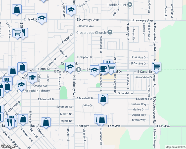 map of restaurants, bars, coffee shops, grocery stores, and more near 1924 East Canal Drive in Turlock