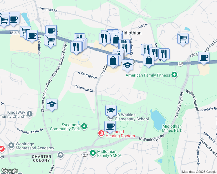 map of restaurants, bars, coffee shops, grocery stores, and more near 13812 Sycamore Village Drive in Midlothian