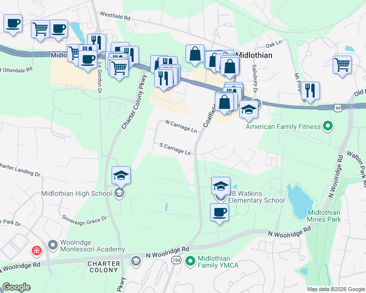 map of restaurants, bars, coffee shops, grocery stores, and more near 14020 South Carriage Lane in Midlothian