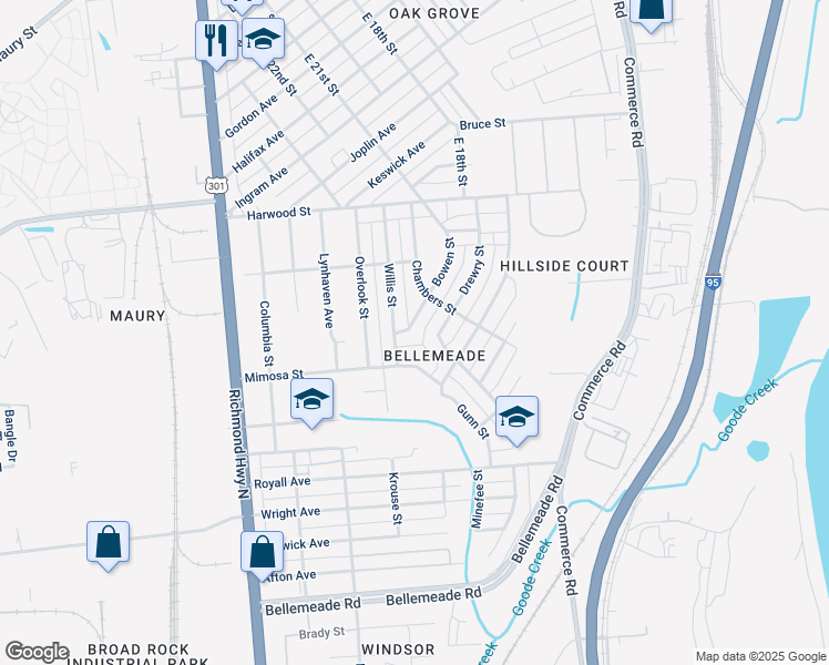 map of restaurants, bars, coffee shops, grocery stores, and more near 1516 Bowen Street in Richmond