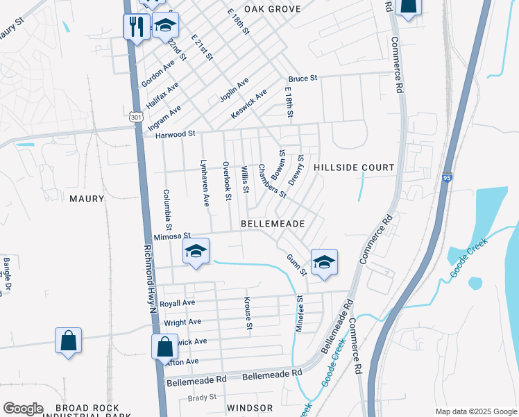 map of restaurants, bars, coffee shops, grocery stores, and more near 1516 Bowen Street in Richmond