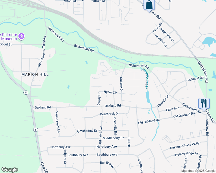 map of restaurants, bars, coffee shops, grocery stores, and more near 6102 Overland Drive in Richmond