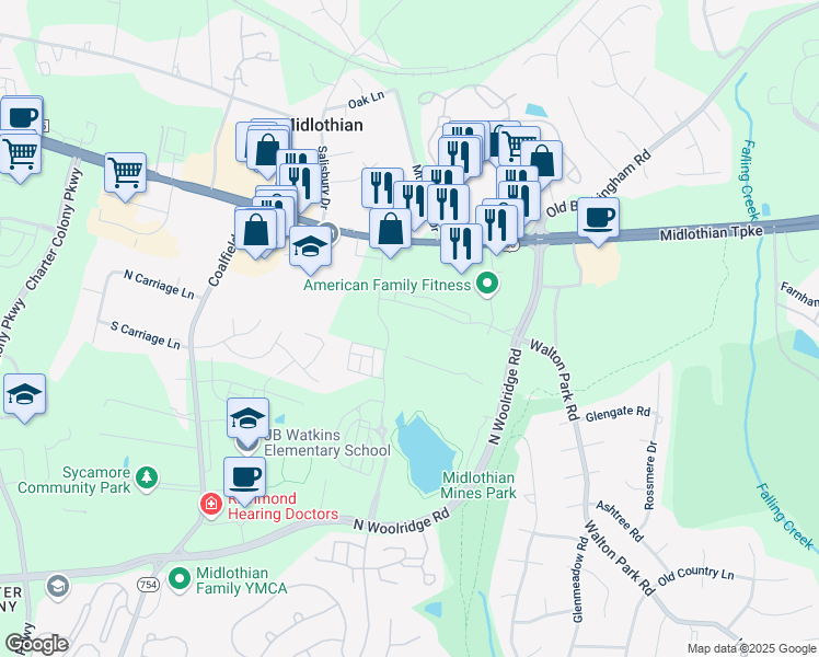 map of restaurants, bars, coffee shops, grocery stores, and more near 13471 Midlothian Turnpike in Midlothian