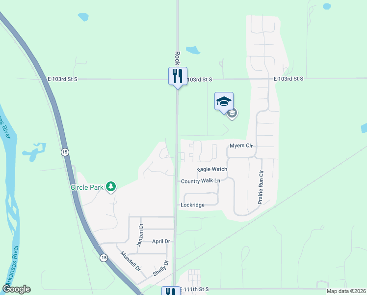 map of restaurants, bars, coffee shops, grocery stores, and more near 10651 North Rock Road in Mulvane