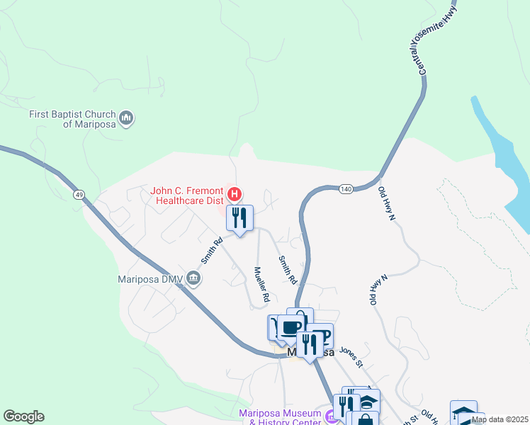 map of restaurants, bars, coffee shops, grocery stores, and more near 5069 Saint Andrews Lane in Mariposa
