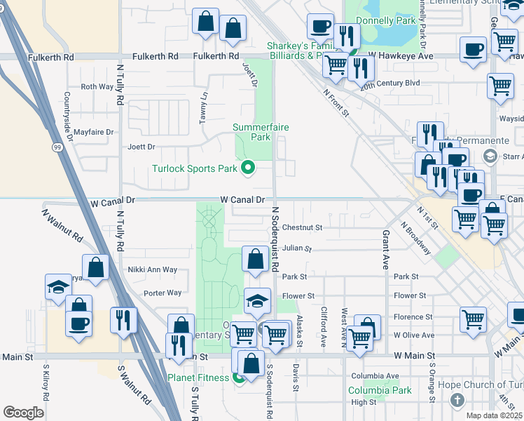 map of restaurants, bars, coffee shops, grocery stores, and more near 1200 West Canal Drive in Turlock