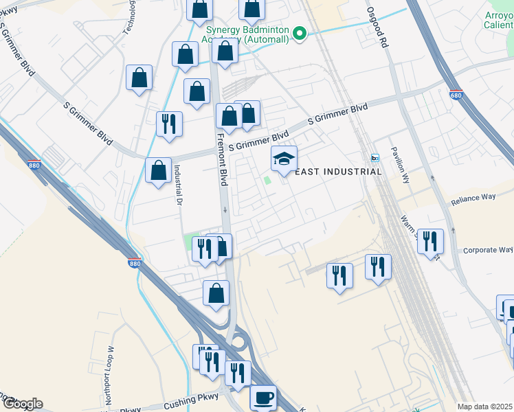 map of restaurants, bars, coffee shops, grocery stores, and more near 45138 Challenge Common in Fremont
