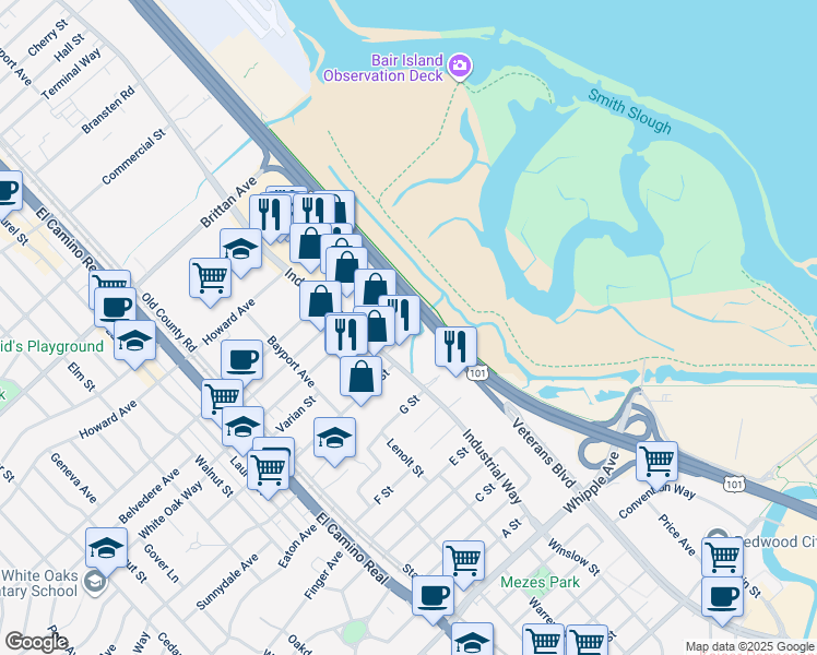 map of restaurants, bars, coffee shops, grocery stores, and more near 1661 Industrial Road in San Carlos