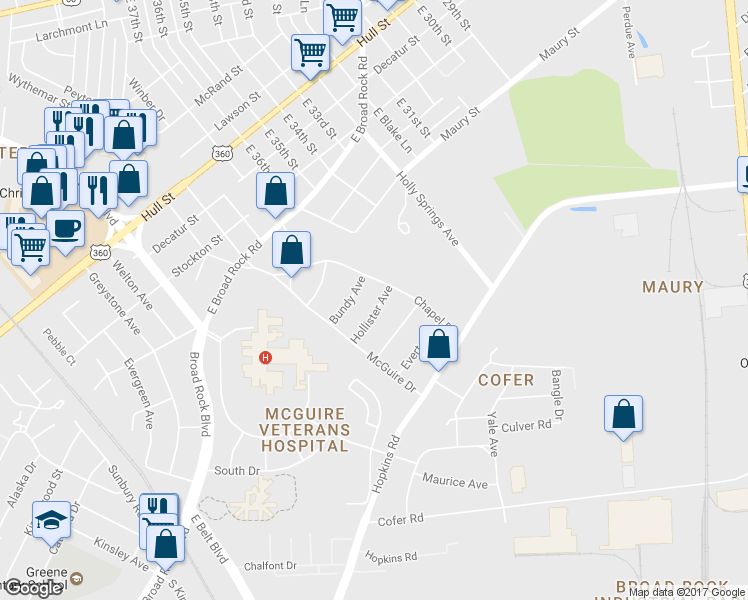 map of restaurants, bars, coffee shops, grocery stores, and more near 1100 Hollister Avenue in Richmond