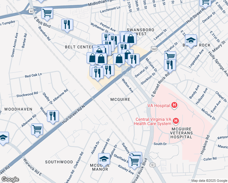 map of restaurants, bars, coffee shops, grocery stores, and more near 801 Bedrock Lane in Richmond