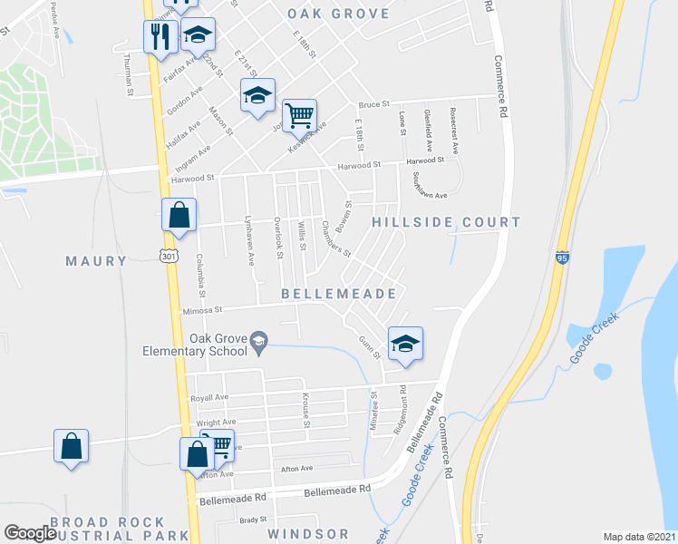 map of restaurants, bars, coffee shops, grocery stores, and more near 1509 Drewry Street in Richmond
