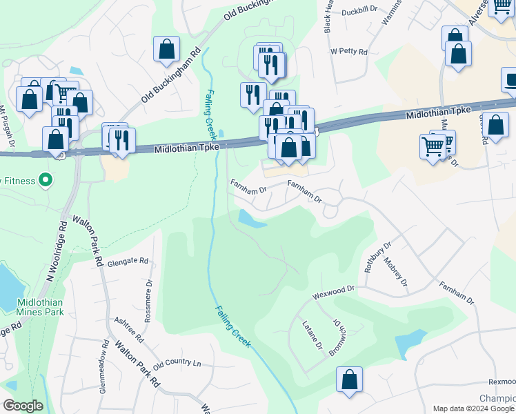 map of restaurants, bars, coffee shops, grocery stores, and more near 614 Hazeltine Court in Richmond