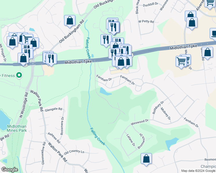 map of restaurants, bars, coffee shops, grocery stores, and more near 12507 Carnoustie Lane in Richmond