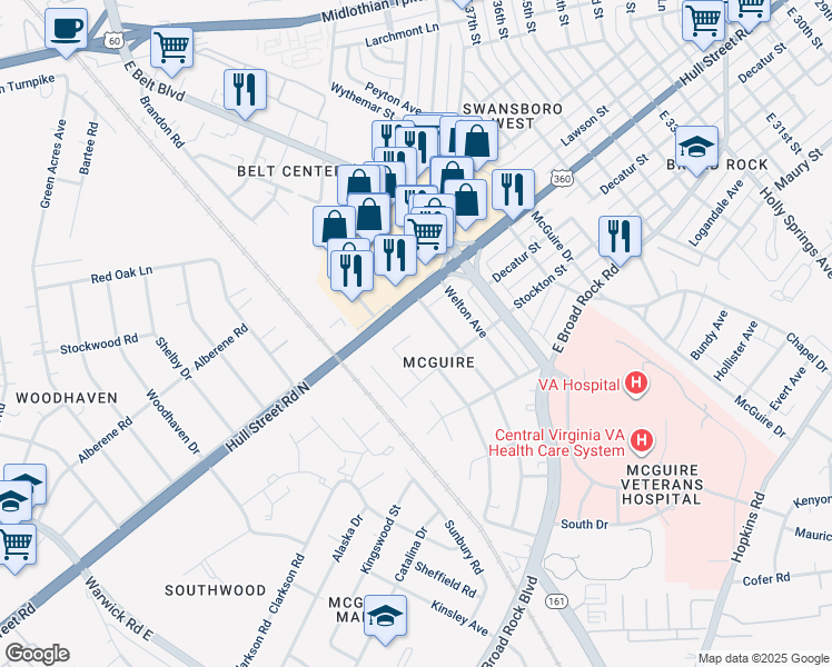 map of restaurants, bars, coffee shops, grocery stores, and more near 801 Bedrock Lane in Richmond