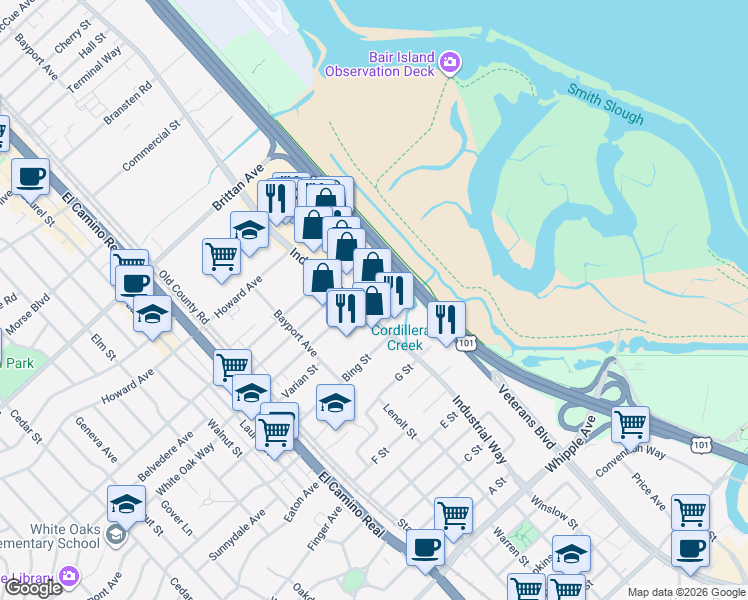 map of restaurants, bars, coffee shops, grocery stores, and more near 1581 Industrial Road in San Carlos