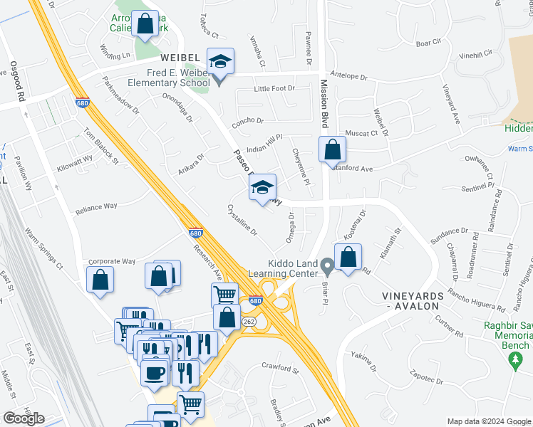 map of restaurants, bars, coffee shops, grocery stores, and more near 45847 Bridgeport Place in Fremont