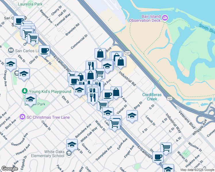 map of restaurants, bars, coffee shops, grocery stores, and more near 1133 Old County Road in San Carlos