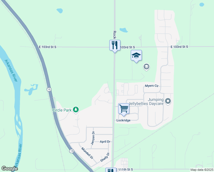 map of restaurants, bars, coffee shops, grocery stores, and more near 10651 North Rock Road in Mulvane