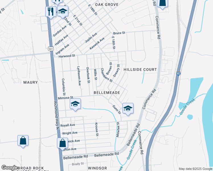 map of restaurants, bars, coffee shops, grocery stores, and more near 1509 Drewry Street in Richmond