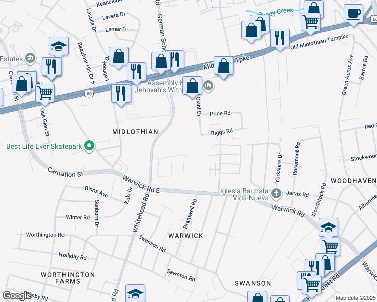 map of restaurants, bars, coffee shops, grocery stores, and more near 5800 Shallow Way in Richmond