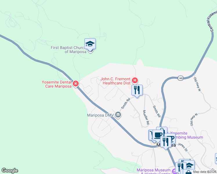 map of restaurants, bars, coffee shops, grocery stores, and more near 5295 Farfalla Circle in Mariposa