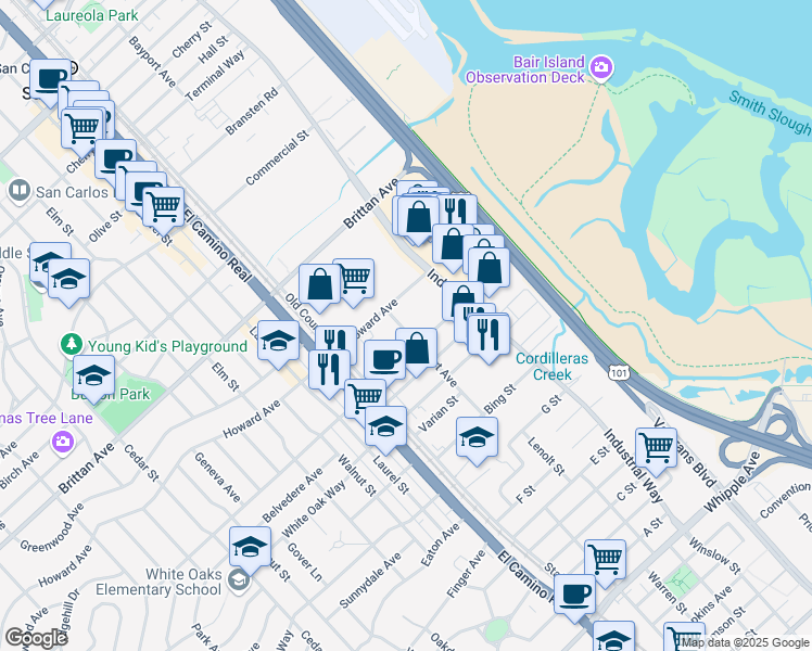 map of restaurants, bars, coffee shops, grocery stores, and more near 3 Bayport Avenue in San Carlos