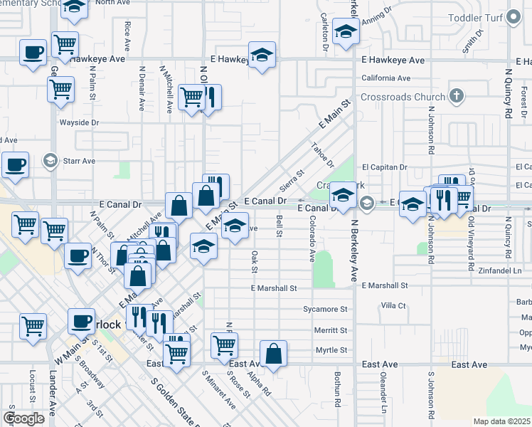 map of restaurants, bars, coffee shops, grocery stores, and more near 1392 East Canal Drive in Turlock