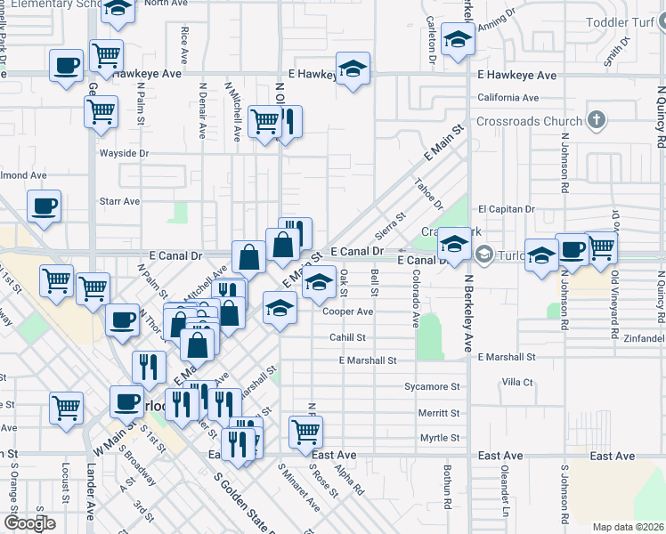 map of restaurants, bars, coffee shops, grocery stores, and more near 1290 East Canal Drive in Turlock
