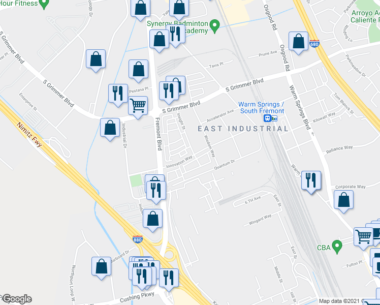 map of restaurants, bars, coffee shops, grocery stores, and more near 45079 Insight Street in Fremont