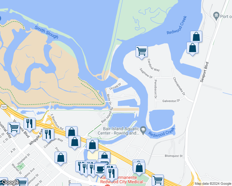 map of restaurants, bars, coffee shops, grocery stores, and more near 1 Blu Harbor Boulevard in Redwood City