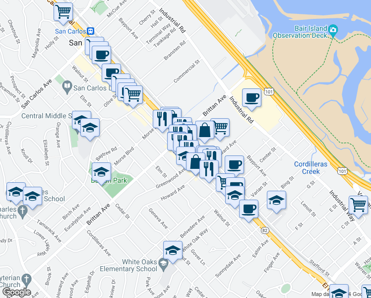map of restaurants, bars, coffee shops, grocery stores, and more near 1148 El Camino Real in San Carlos