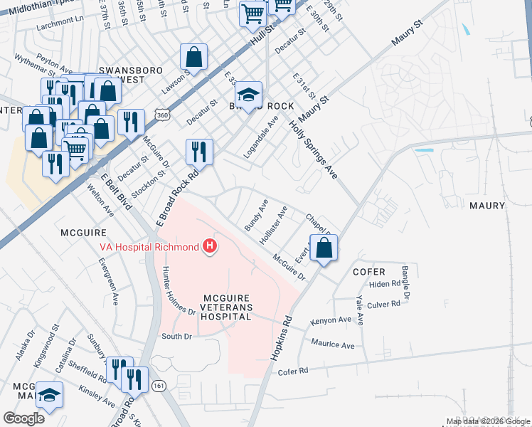 map of restaurants, bars, coffee shops, grocery stores, and more near 1100 Hollister Avenue in Richmond