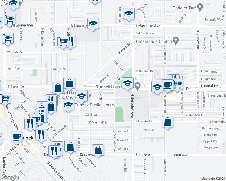 map of restaurants, bars, coffee shops, grocery stores, and more near 1490 East Canal Drive in Turlock
