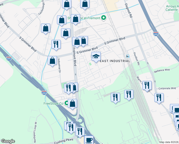 map of restaurants, bars, coffee shops, grocery stores, and more near 45079 Insight Street in Fremont