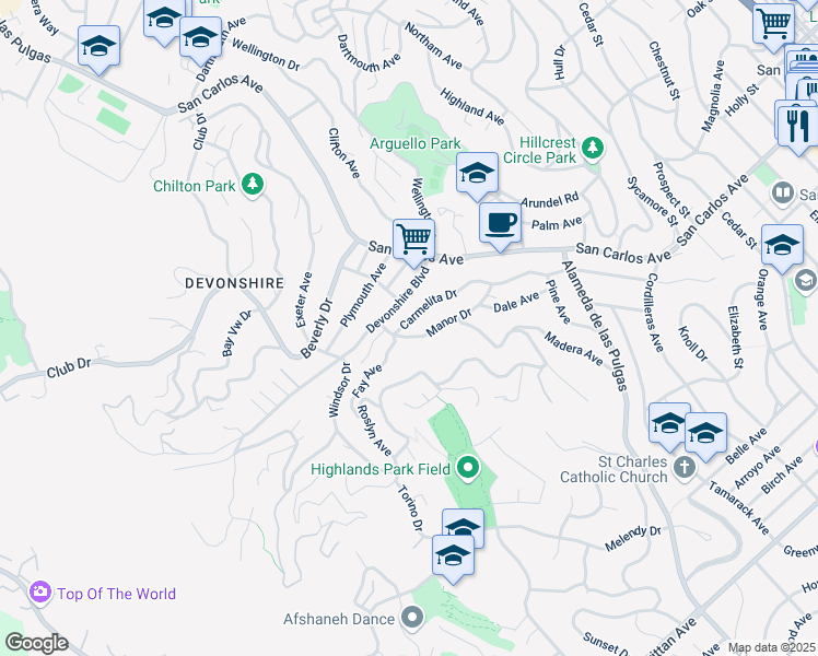 map of restaurants, bars, coffee shops, grocery stores, and more near 2285 Carmelita Drive in San Carlos