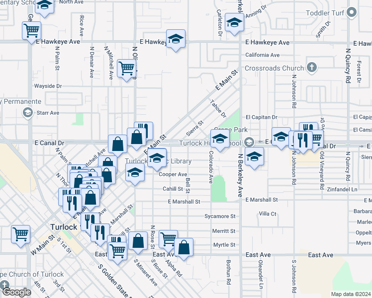 map of restaurants, bars, coffee shops, grocery stores, and more near 1392 East Canal Drive in Turlock
