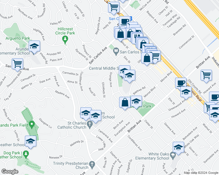 map of restaurants, bars, coffee shops, grocery stores, and more near 772 Orange Avenue in San Carlos
