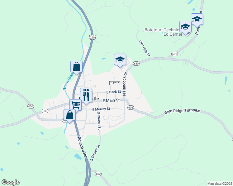 map of restaurants, bars, coffee shops, grocery stores, and more near 21 North Monroe Street in Fincastle