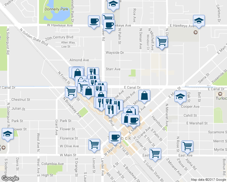 map of restaurants, bars, coffee shops, grocery stores, and more near 609 North Thor Street in Turlock