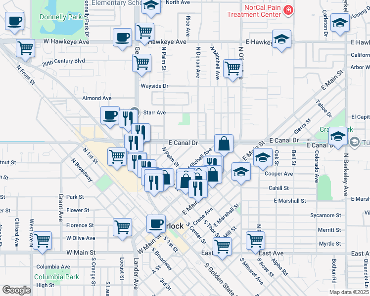 map of restaurants, bars, coffee shops, grocery stores, and more near 619 Wolfe Avenue in Turlock