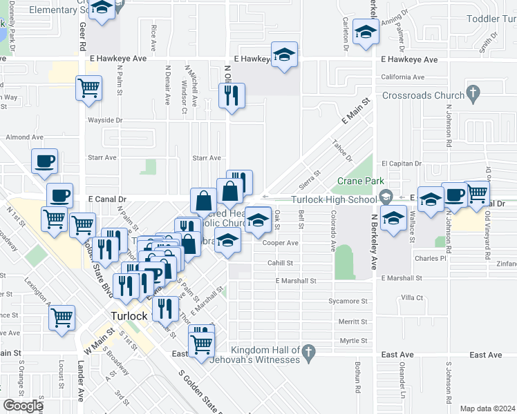 map of restaurants, bars, coffee shops, grocery stores, and more near 1220 East Canal Drive in Turlock