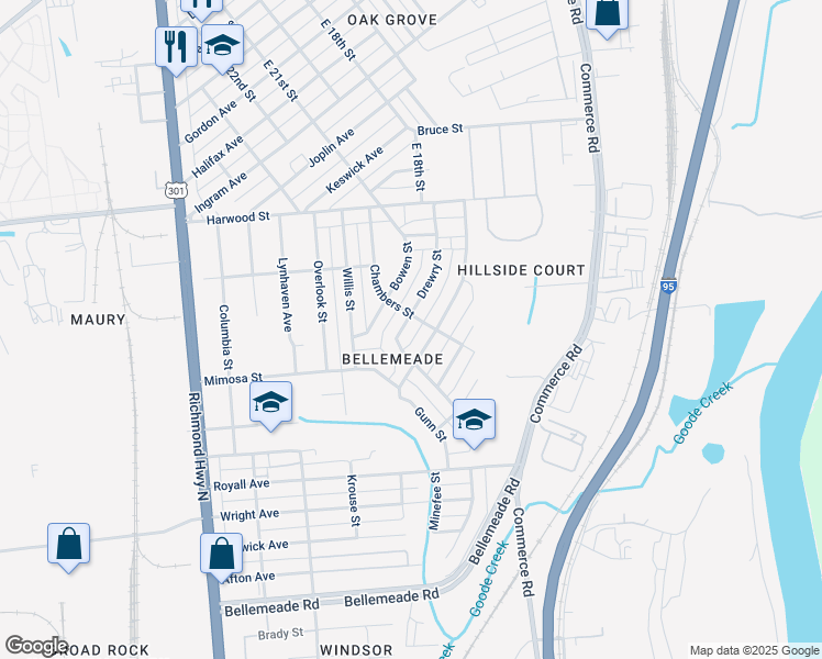 map of restaurants, bars, coffee shops, grocery stores, and more near 1504 Drewry Street in Richmond